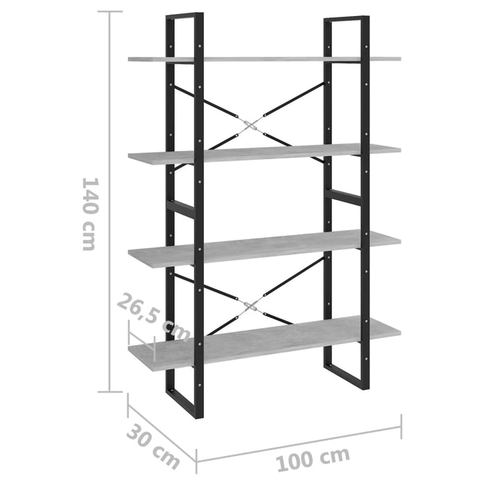 Bibliotecă, 4 rafturi, gri beton, 100x30x140cm, lemn prelucrat - WALTI WALTI