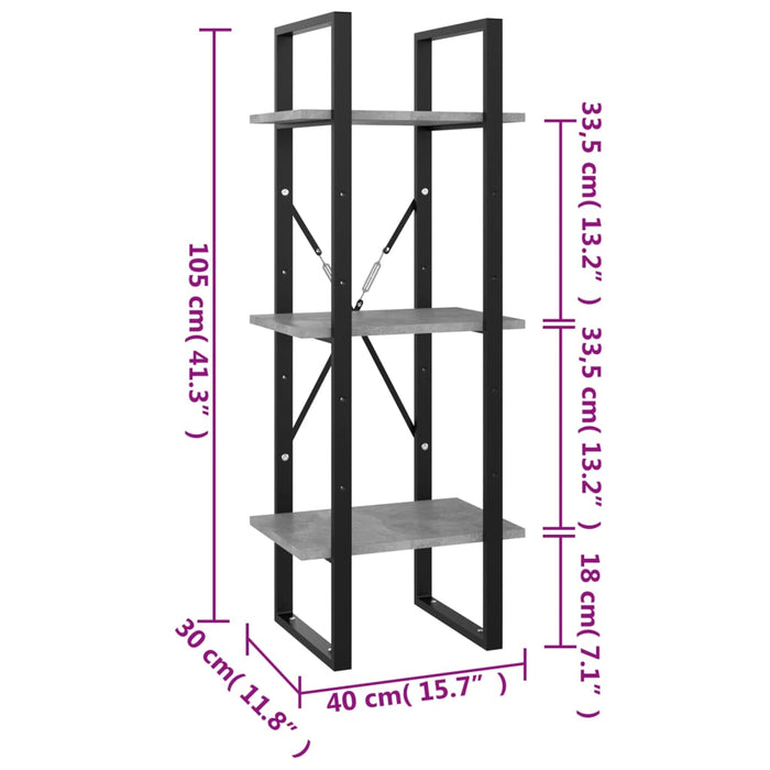 Bibliotecă cu 3 rafturi, gri beton, 40x30x105 cm, PAL - WALTI WALTI