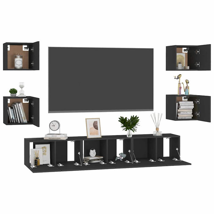 Set dulapuri TV, 7 piese, negru, lemn prelucrat WALTI