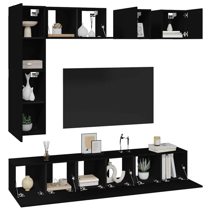 Set dulapuri TV, 8 piese, negru, lemn prelucrat WALTI