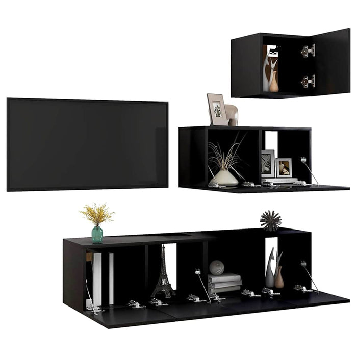 Set dulapuri TV, 4 piese, negru, lemn prelucrat WALTI