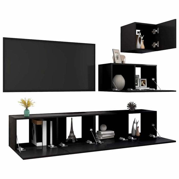 Set dulapuri TV, 4 piese, negru, lemn prelucrat WALTI