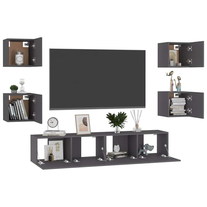Set dulapuri TV, 6 piese, gri, lemn prelucrat WALTI