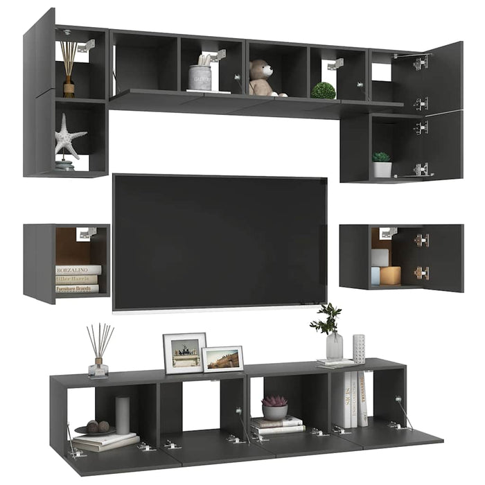 Set dulapuri TV, 8 piese, gri, lemn prelucrat WALTI
