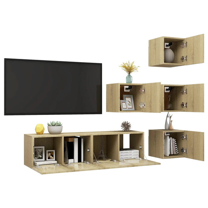 Set de dulapuri TV, 6 piese, stejar sonoma, lemn prelucrat WALTI