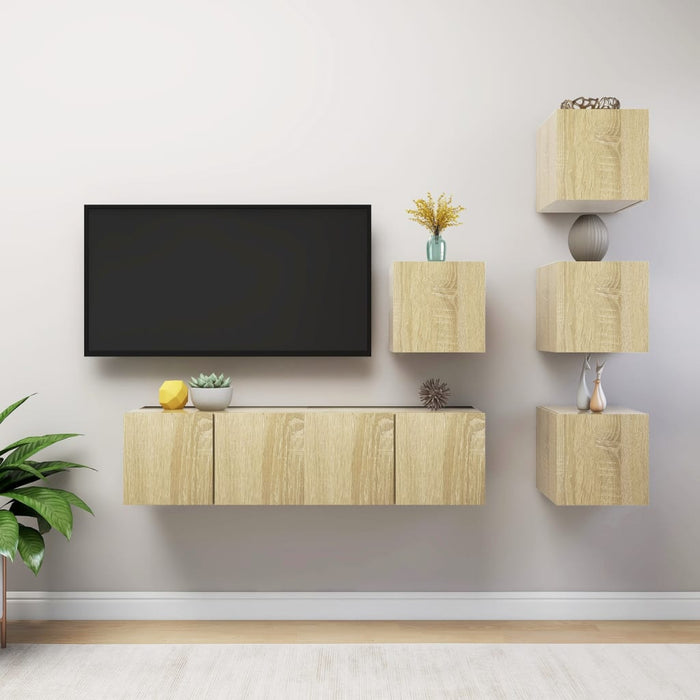 Set de dulapuri TV, 6 piese, stejar sonoma, lemn prelucrat WALTI
