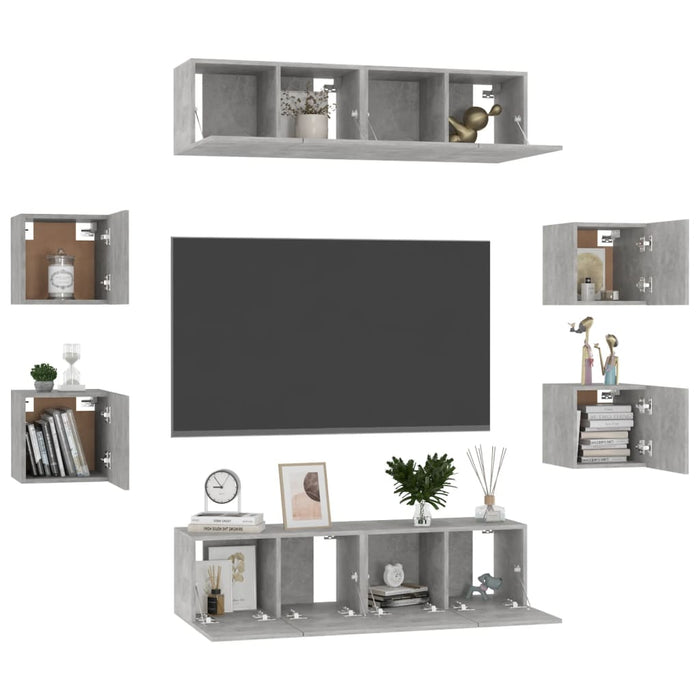 Set de dulapuri TV, 8 piese, gri beton, lemn prelucrat WALTI