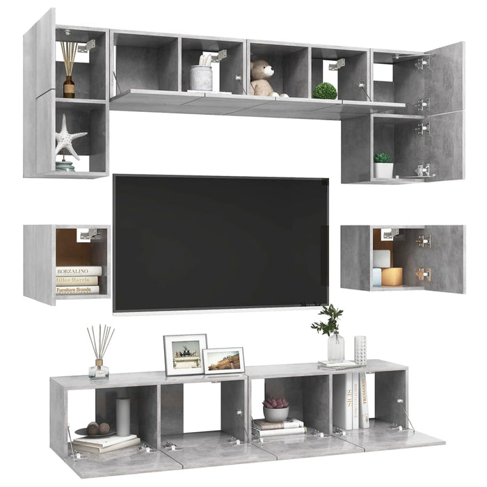 Set de dulapuri TV, 8 piese, gri beton, lemn prelucrat WALTI