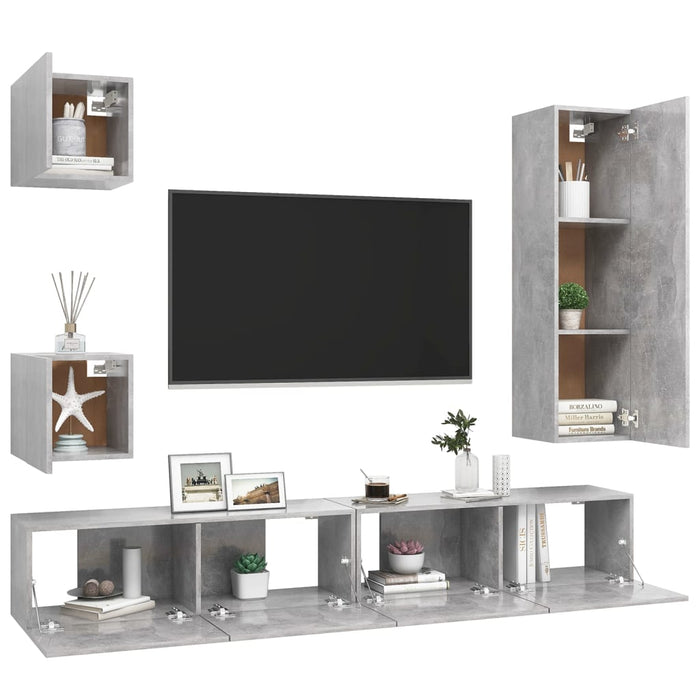 Set de dulapuri TV, 5 piese, gri beton, lemn prelucrat - WALTI WALTI