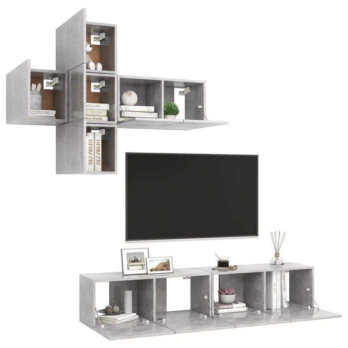 Set de dulapuri TV, 7 piese, gri beton, lemn prelucrat WALTI