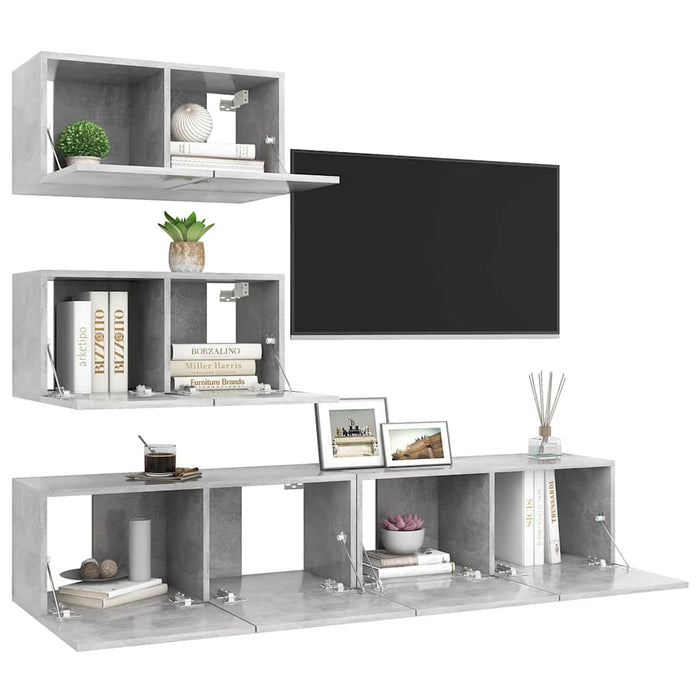 Set de dulapuri TV, 4 piese, gri beton, lemn prelucrat WALTI