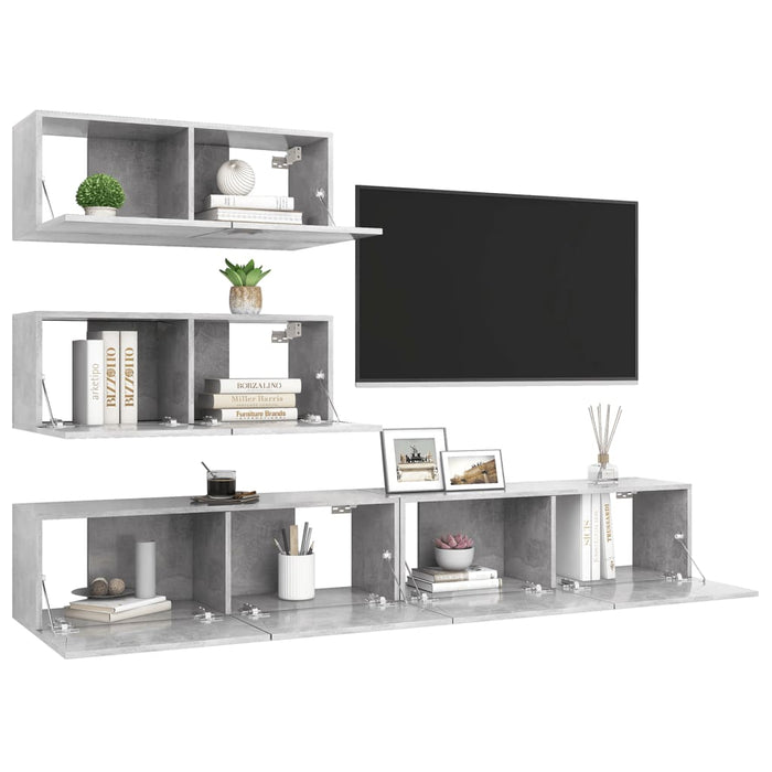 Set de dulapuri TV, 4 piese, gri beton, lemn prelucrat WALTI