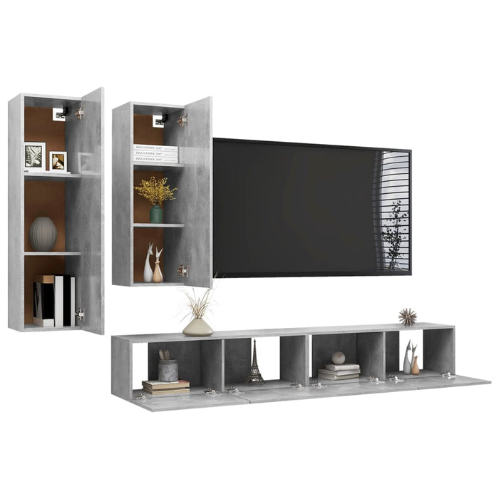 Set de dulapuri TV, 4 piese, gri beton, lemn prelucrat WALTI