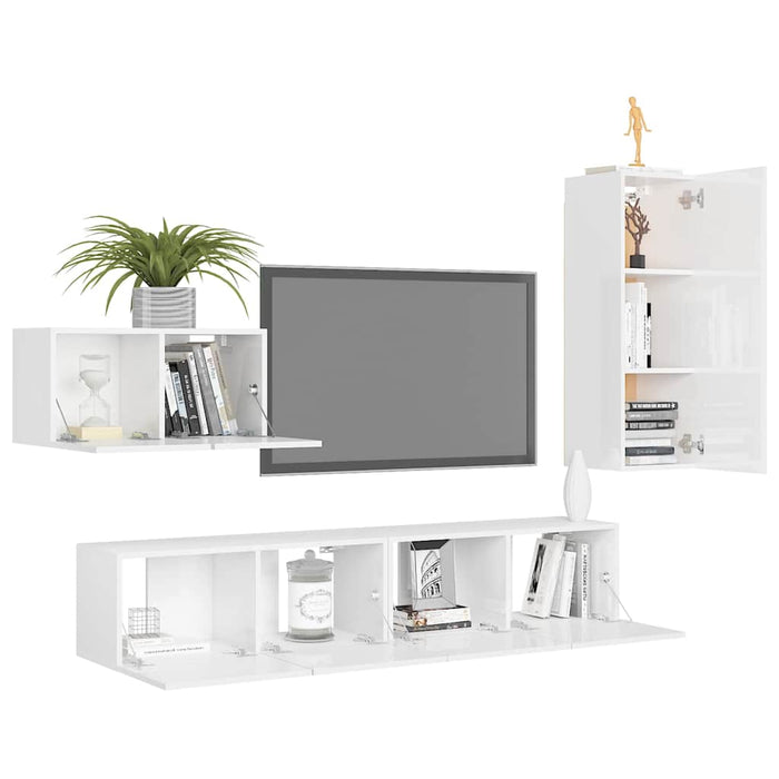 Set de dulapuri TV, 4 piese, alb extralucios, lemn prelucrat WALTI