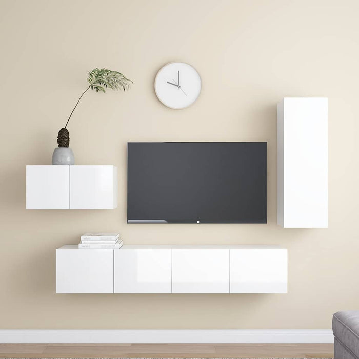 Set de dulapuri TV, 4 piese, alb extralucios, lemn prelucrat WALTI