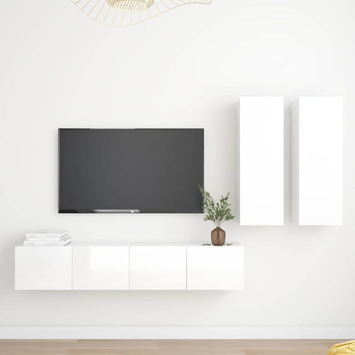 Set de dulapuri TV, 4 piese, alb extralucios, lemn prelucrat WALTI
