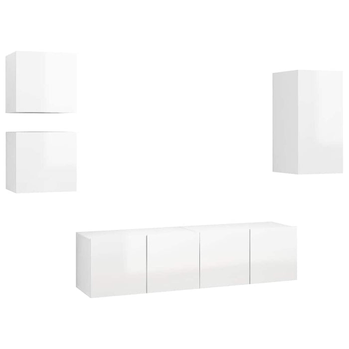 Set de dulapuri TV, 5 piese, alb extralucios, lemn prelucrat WALTI