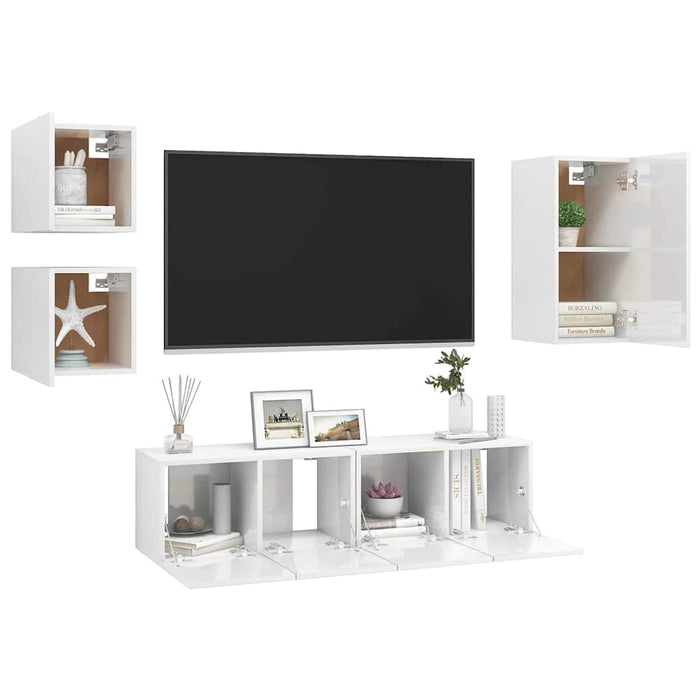 Set de dulapuri TV, 5 piese, alb extralucios, lemn prelucrat WALTI
