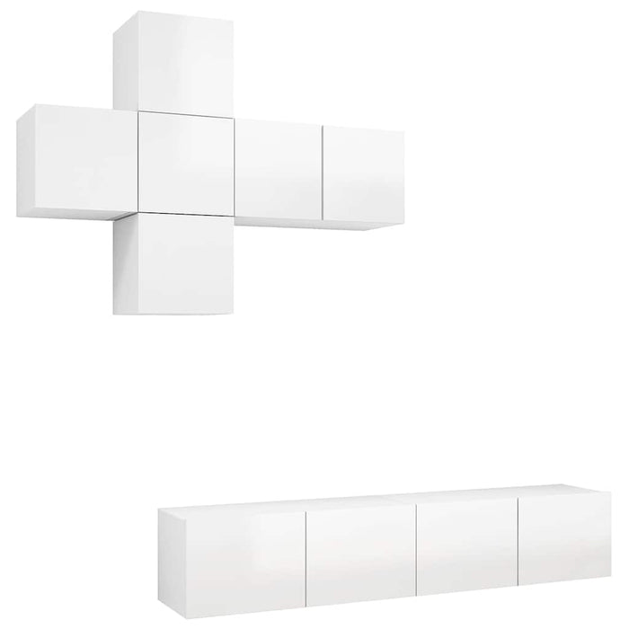 Set de dulapuri TV, 7 piese, alb extralucios, lemn prelucrat WALTI