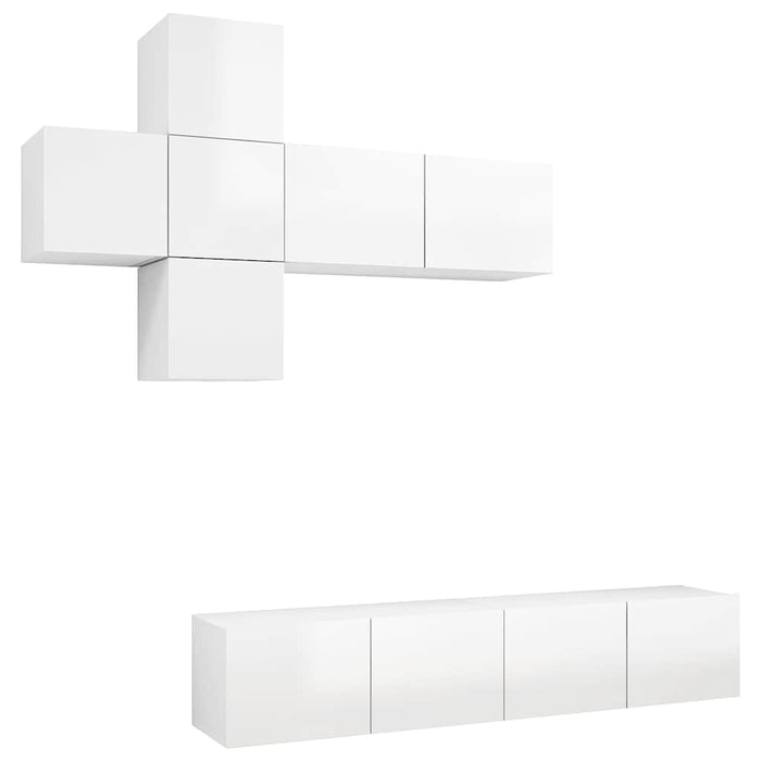 Set de dulapuri TV, 7 piese, alb extralucios, lemn prelucrat WALTI