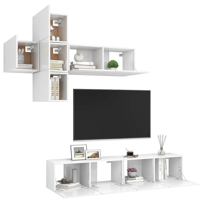 Set de dulapuri TV, 7 piese, alb extralucios, lemn prelucrat WALTI