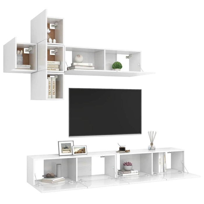 Set de dulapuri TV, 7 piese, alb extralucios, lemn prelucrat WALTI