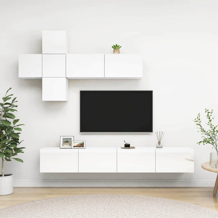 Set de dulapuri TV, 7 piese, alb extralucios, lemn prelucrat WALTI