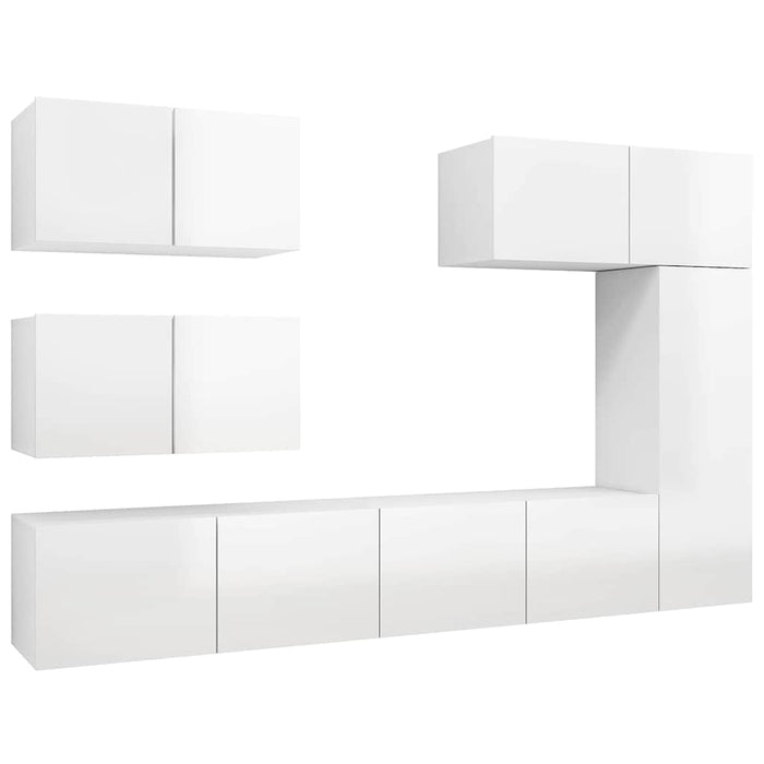Set de dulapuri TV, 6 piese, alb extralucios, lemn prelucrat WALTI
