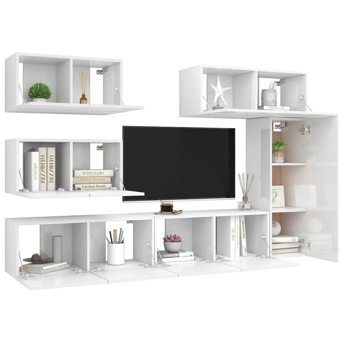 Set de dulapuri TV, 6 piese, alb extralucios, lemn prelucrat WALTI