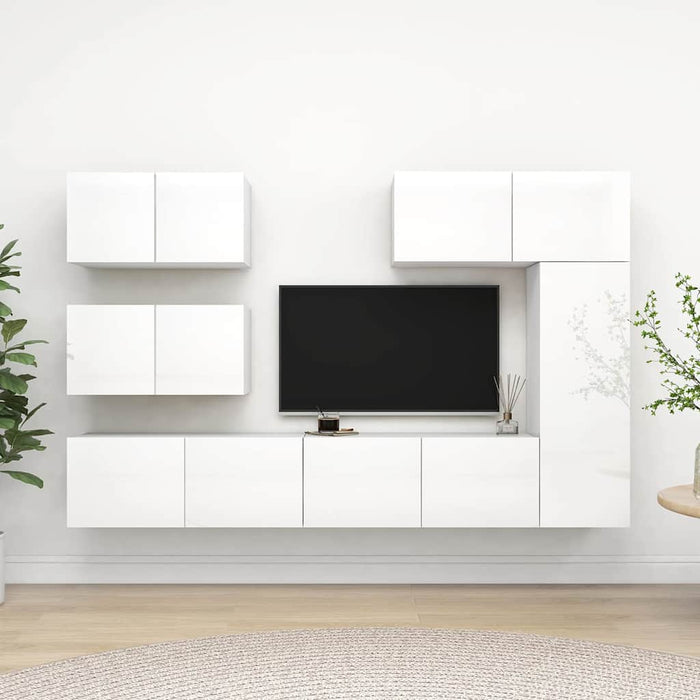 Set de dulapuri TV, 6 piese, alb extralucios, lemn prelucrat WALTI