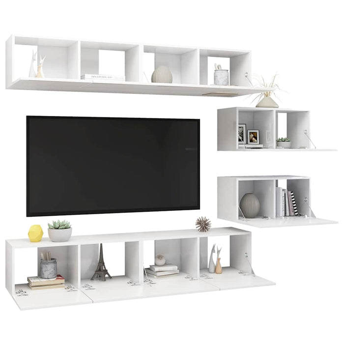 Set de dulapuri TV, 6 piese, alb extralucios, lemn prelucrat WALTI