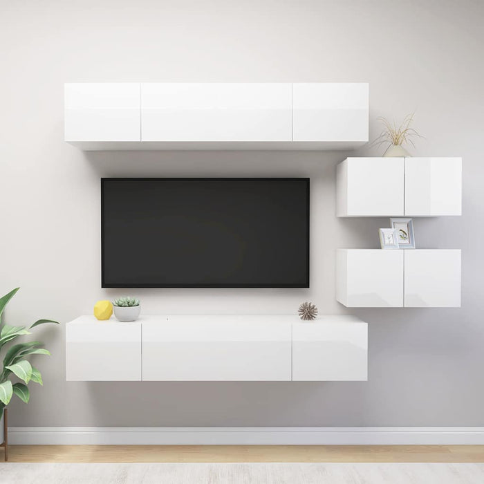 Set de dulapuri TV, 6 piese, alb extralucios, lemn prelucrat WALTI