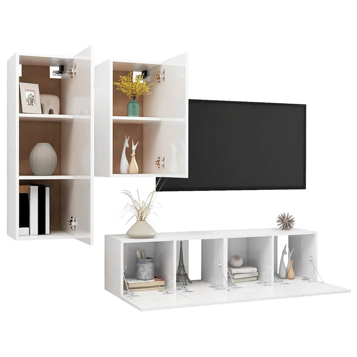 Set de dulapuri TV, 4 piese, alb extralucios, lemn prelucrat WALTI
