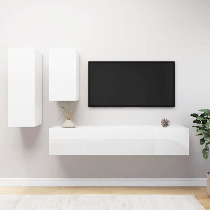 Set de dulapuri TV, 4 piese, alb extralucios, lemn prelucrat WALTI