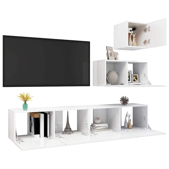 Set de dulapuri TV, 4 piese, alb extralucios, lemn prelucrat WALTI