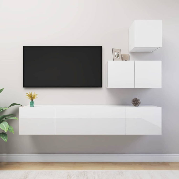 Set de dulapuri TV, 4 piese, alb extralucios, lemn prelucrat WALTI