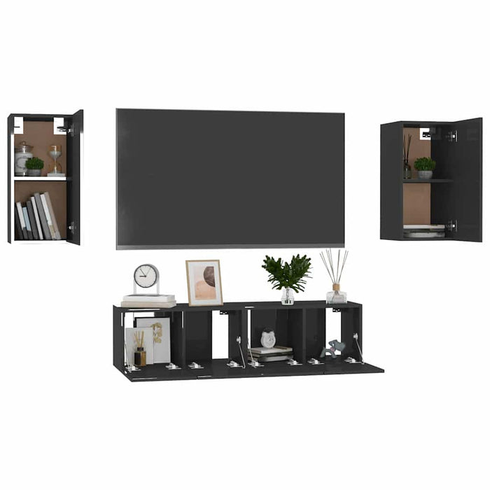 Set de dulapuri TV, 4 piese, negru extralucios, lemn prelucrat WALTI