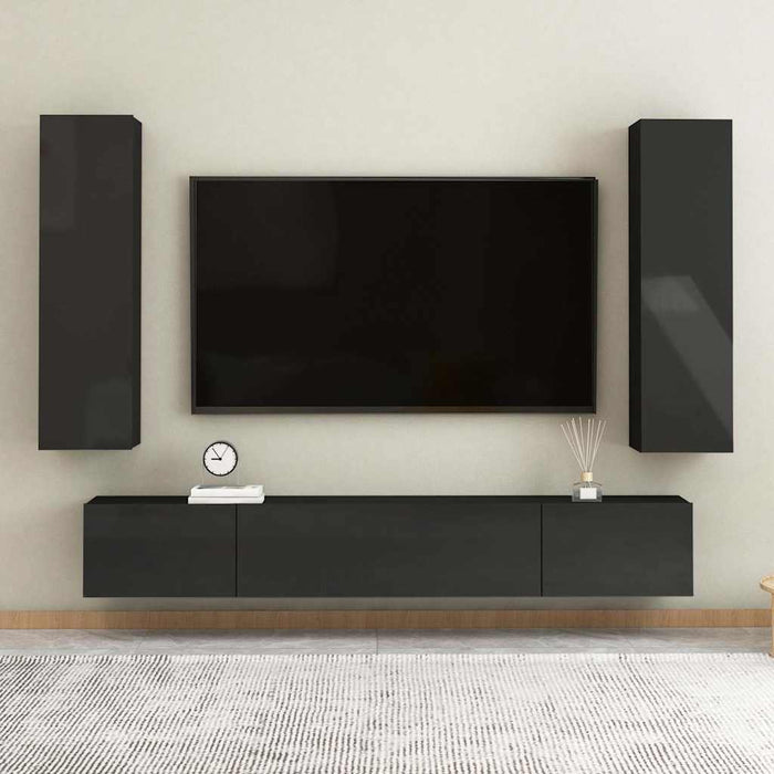 Set dulapuri TV, 4 piese, negru extralucios, lemn prelucrat WALTI