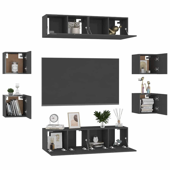 Set de dulapuri TV, 8 piese, negru extralucios, lemn prelucrat WALTI