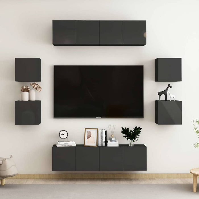 Set de dulapuri TV, 8 piese, negru extralucios, lemn prelucrat WALTI
