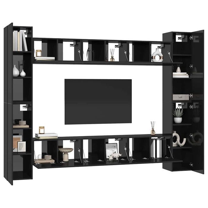 Set de dulapuri TV, 10 piese, negru extralucios, lemn prelucrat WALTI