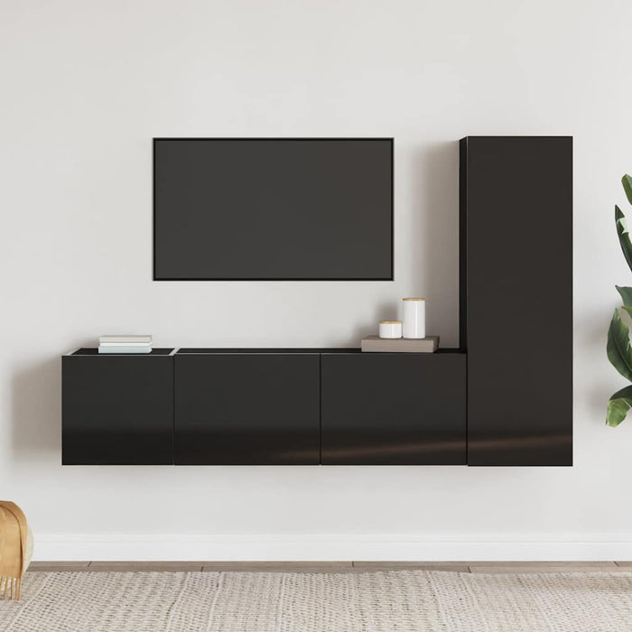 Set de dulapuri TV, 3 piese, negru extralucios, lemn prelucrat WALTI
