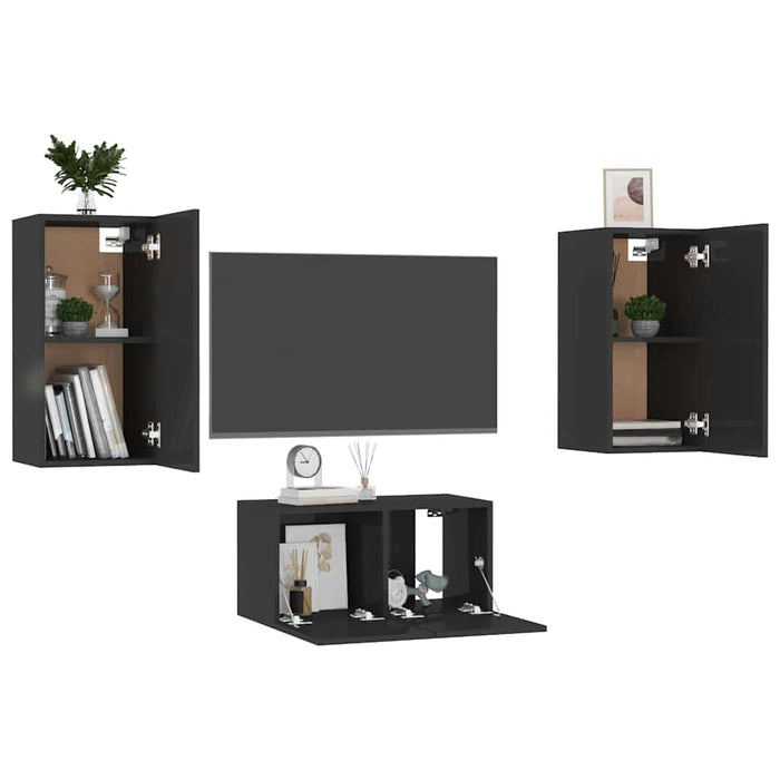 Set de dulapuri TV, 3 piese, negru extralucios, lemn prelucrat WALTI