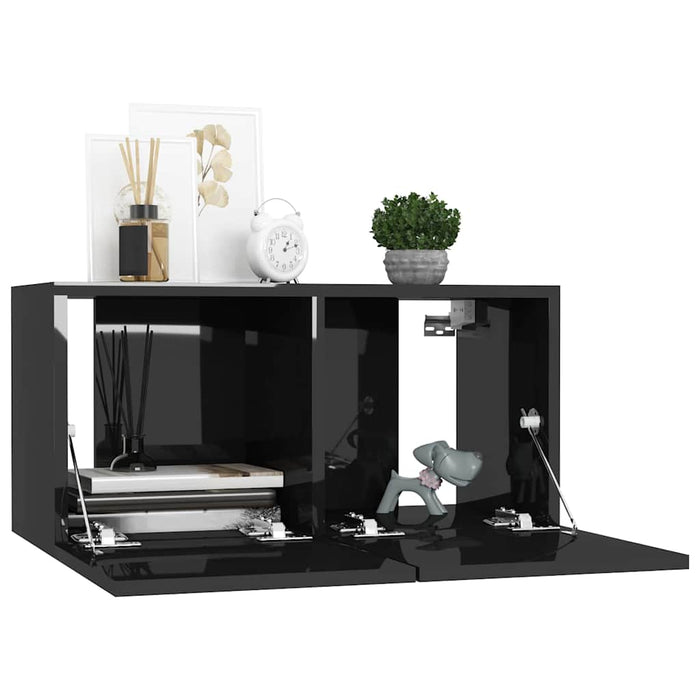 Set de dulapuri TV, 3 piese, negru extralucios, lemn prelucrat WALTI