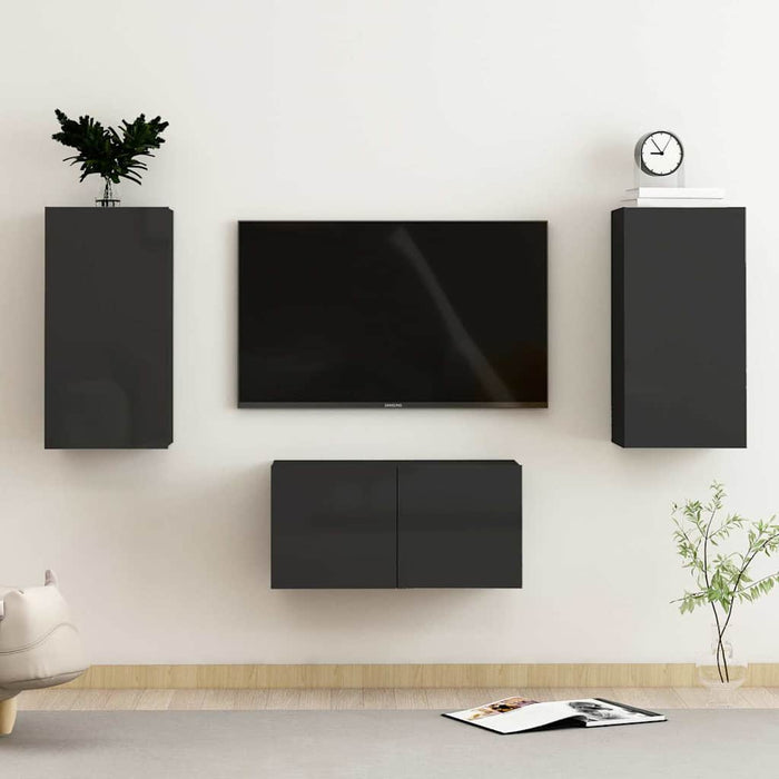 Set de dulapuri TV, 3 piese, negru extralucios, lemn prelucrat WALTI