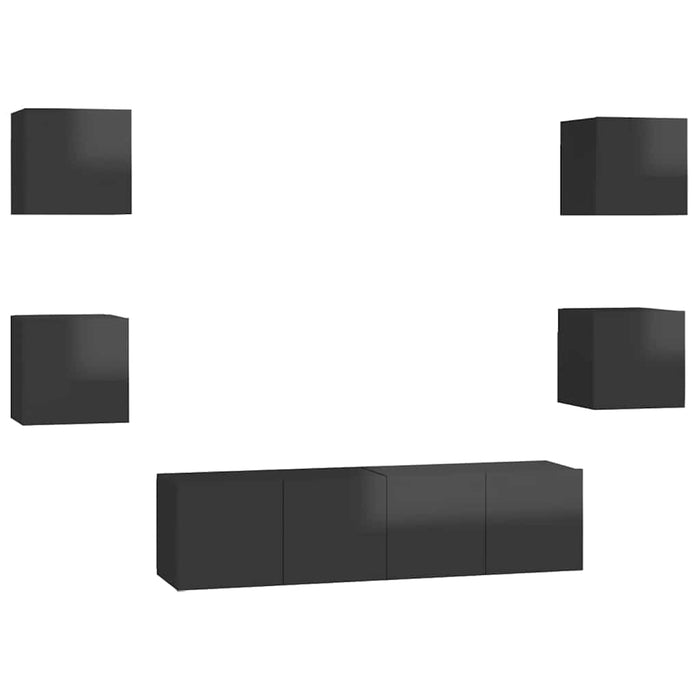 Set de dulapuri TV, 6 piese, negru extralucios, lemn prelucrat WALTI