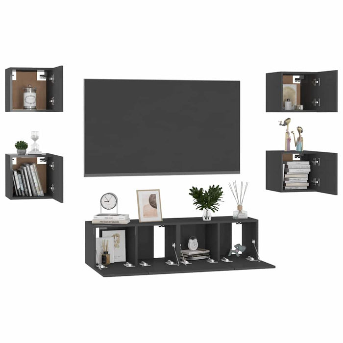 Set de dulapuri TV, 6 piese, negru extralucios, lemn prelucrat WALTI