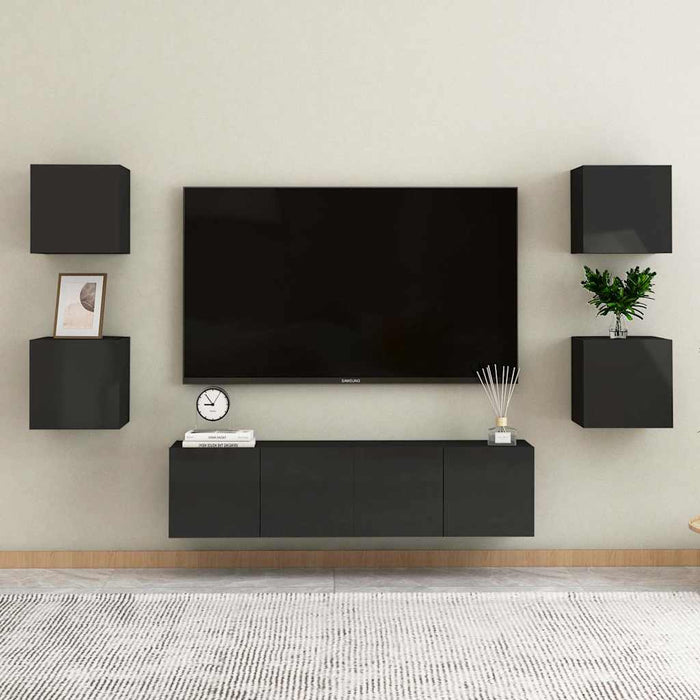 Set de dulapuri TV, 6 piese, negru extralucios, lemn prelucrat WALTI