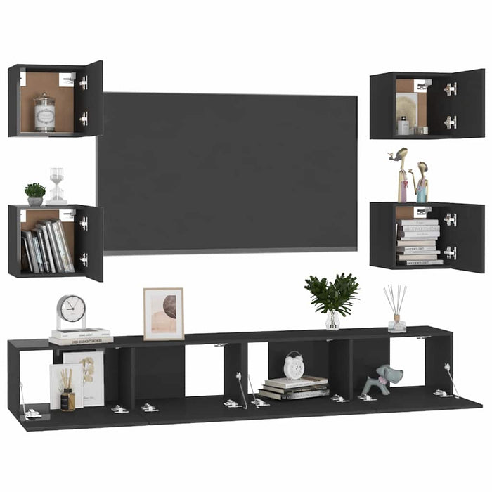 Set de dulapuri TV, 6 piese, negru extralucios, lemn prelucrat WALTI