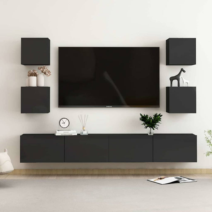 Set de dulapuri TV, 6 piese, negru extralucios, lemn prelucrat WALTI